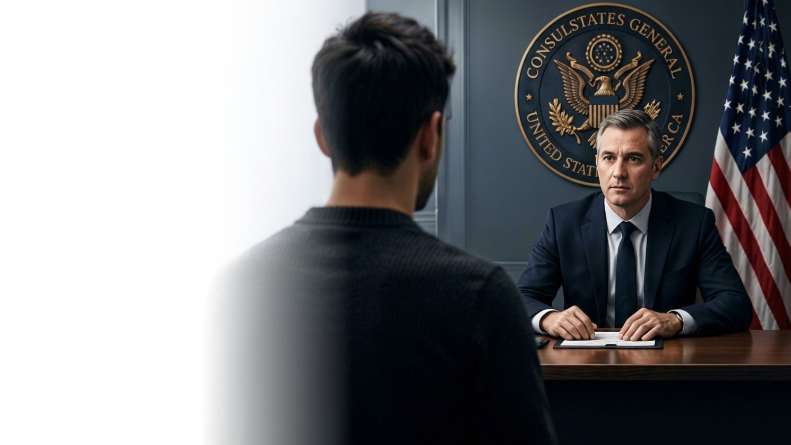 Cabine consular — oficial ao fundo